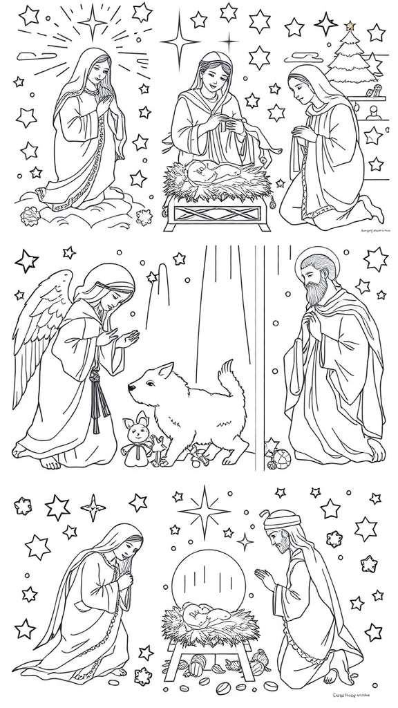 A selection of religious Christmas coloring pages including nativity scenes, angels, and stars.
